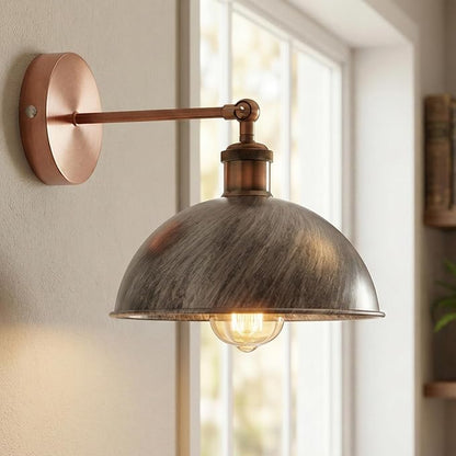 Dome Metal Wall Sconce, 180° Adjustable Industrial Wall Lamp for Bedside, Study, Kitchen, and Living Room Decor. (Brushed Silver*)