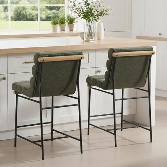 Green Pu Leather Bar stools Set of 2, 25” Modern Upholstered Counter stools with Black Metal Legs, Armless Counter Height Chairs with Channel Tufted Back for Kitchen Island Home Pub