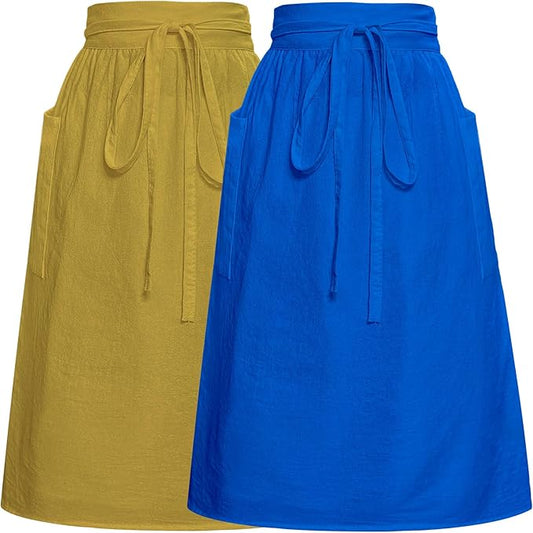 Cityelf Cotton Linen Half Apron for Women Vintage Waist Apron Ruffle Plain Bright Color for Cooking Painting Artwork