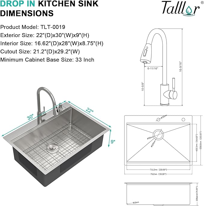 30" Drop In Kitchen Sink with Faucet Combo - 30x22 Inch Workstation All-In One 16 Gauge Stainless Steel Single Bowl Topmount Over Counter Sink For Kitchen with Accessories #TLT-0019