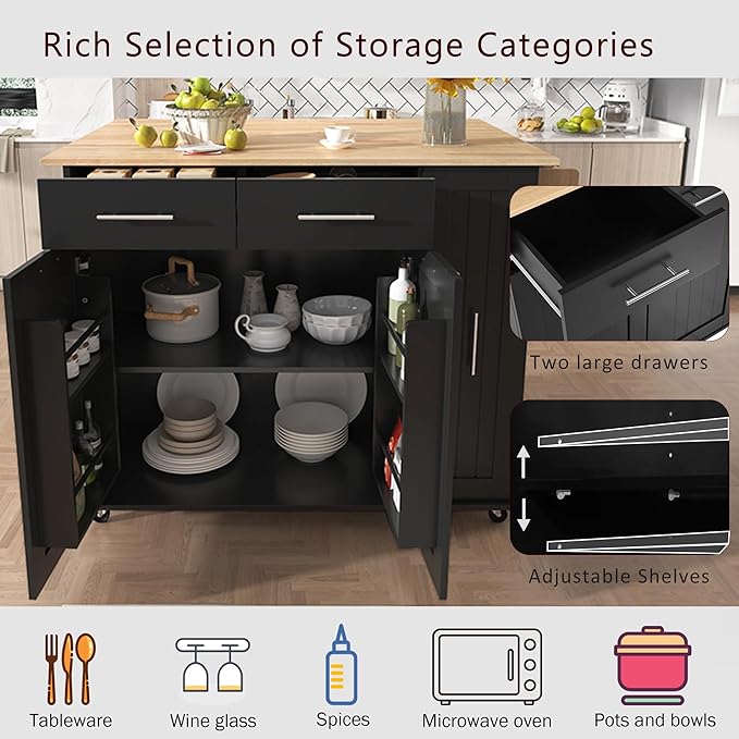 YOPTO 46" Kitchen Island with Drop Leaf,Dining Storage Cart W/ 3 Tier Pull Out Cabinet Organizer & Internal Storage Rack,Rolling Cart on Wheels W/Towel Rack & 2 Drawers,for Kitchen,Black