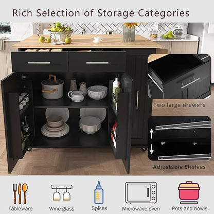 Kitchen Island With Drop Leaf, Storage Cart With 3 Tier Pull Out Cabinet Organizer, Internal Rack, Rolling Cart on Wheels With Towel Rack, 2 Drawers, for Kitchen (Black#021)