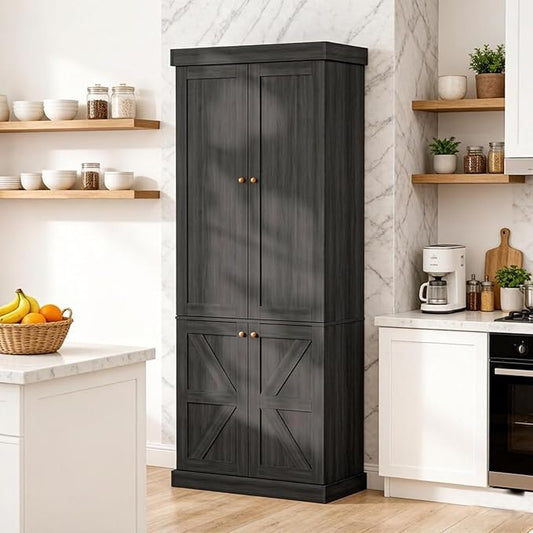 70.8" Tall Kitchen Pantry Cabinet with Doors, Farmhouse Modular Storage Cabinet with 4-Tier Adjustable Shelves, Large Storage Cabinet for Kitchen or Living Room, Black