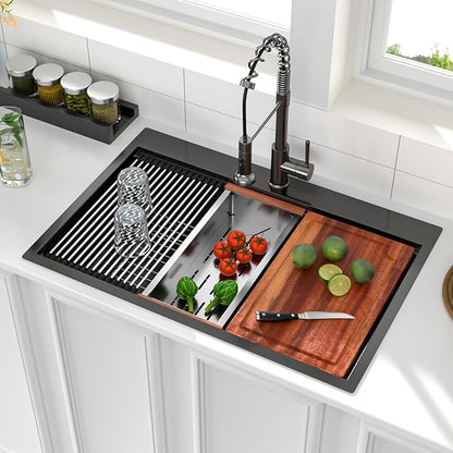 Logmey 33x22 Black Drop in Kitchen Sink 33" Topmount Kitchen Sink Workstation SUS304 16 Gauge Stainless Steel Handmade Single Bowl Top Mount Gunmetal Black Sinks,33x22x9