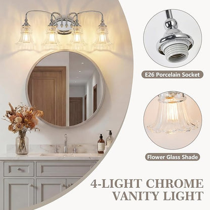 4-Light Bathroom Light Fixtures Vintage Chrome Vanity Lights Over Mirror with Floral Glass Shade for Bathroom Powder Room, Living Room Hallway