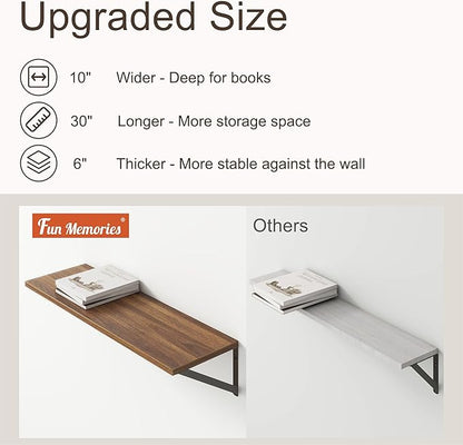 10 Inch Deep Floating Shelves, Walnut Floating Shelves 30 Inch Long, Rustic Wood Wall Shelves 30"W x 10"D, Deep Floating Shelf with Bracket, Wide Storage Shelves for Books, Living Room, Bathroom