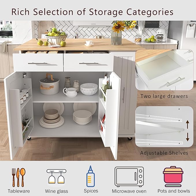Kitchen Island with Drop Leaf, Kitchen Storage Cart with 3 Tier Pull Out Cabinet Organizer, Internal Storage Rack, Rolling Kitchen Cart on Wheels with Towel Rack, 2 Drawers, for Kitchen (White#021)