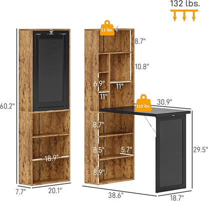 HOMCOM Foldable Convertible Writing Table, Wall Mounted Space-Saving Computer Desk with Chalkboard and Storage Shelves for Small Spaces, Home Office, Bedroom, Dorm, Apartment, Rustic Brown