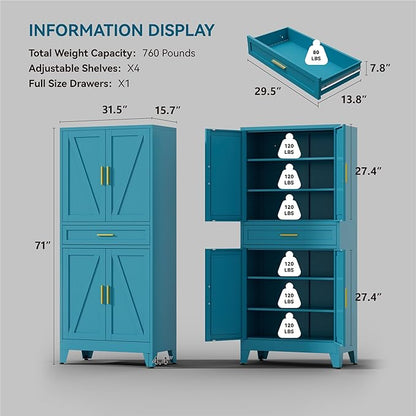 71" Tall Farmhouse Pantry Cabinet,Metal Cabinet with Adjustable Shelves and Doors,Storage Cabinet for Kitchen Garage,Blue 1 Pack