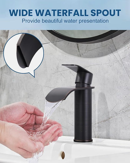 Waterfall Bathroom Faucet Single Handle – WOWOW Modern Oiled Rubbed Bronze Vanity Sink Faucet, Stainless Steel Basin Sink Tap for RV Lavatory 1 or 3 Hole, Hot & Cold Mixer Tap with Pop up Drain