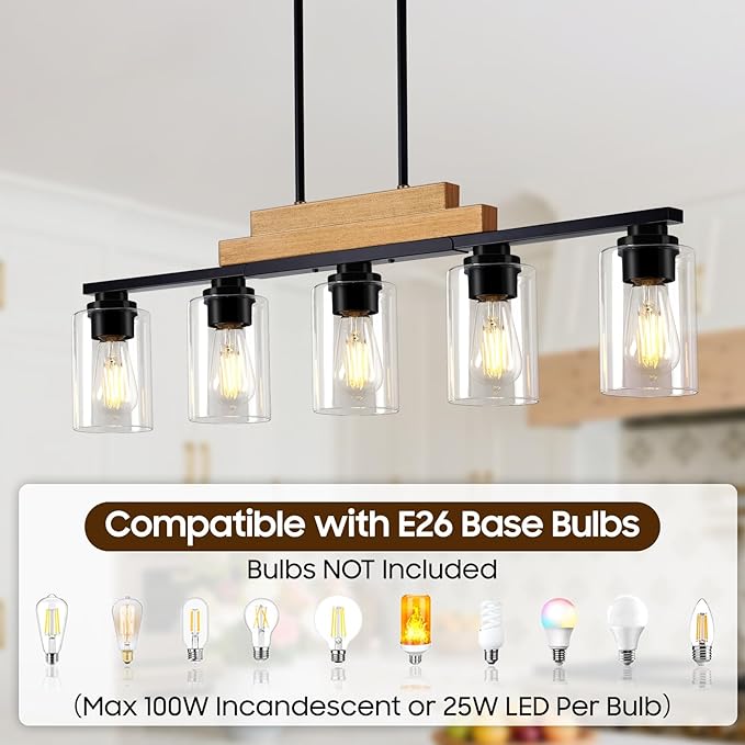 Dining Room Light Fixture/Chandeliers Over Table, 5-Light Modern Rustic Linear Pendant Lights Kitchen Island Lighting, Wood Ceiling Light Fixture Hanging with Clear Glass Shade, Matte Black