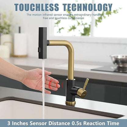 GIMILI Black and Gold Touchless Kitchen Faucet with Pull Down Sprayer, 15” Hight Single Hole Handle Kitchen Sink Faucets