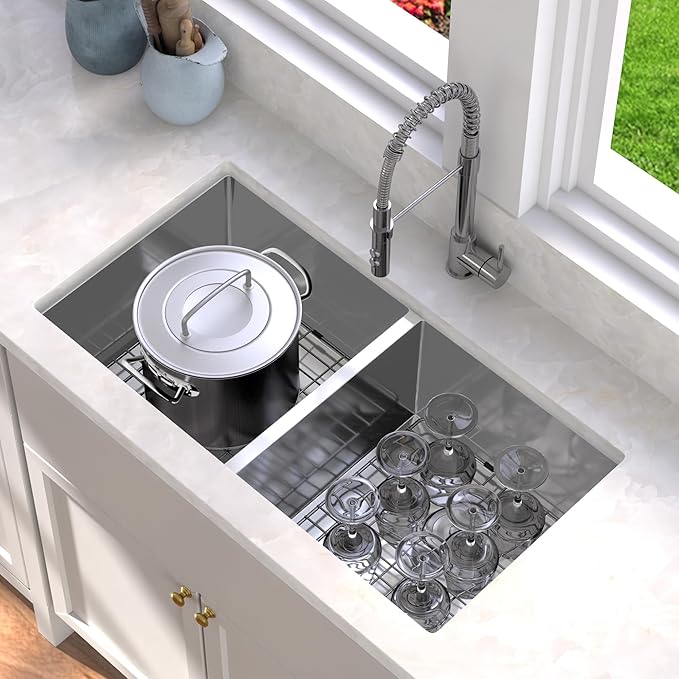 YITAHOME Kitchen Sink 33" x 19" x 10" Undermount Sink 304 Stainless Steel 50/50 Double Bowl Sink with Accessories for Workstation, Prep Kitchen, Bar Sink