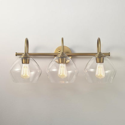 Globe Electric 63000103 26" 3-Light Vanity Fixture, Brass Finish, Clear Glass Shades, Beauty Room Accessories, Bathroom Lighting Over Mirror, Makeup Lights, Wall Light, Home Essentials, House Décor