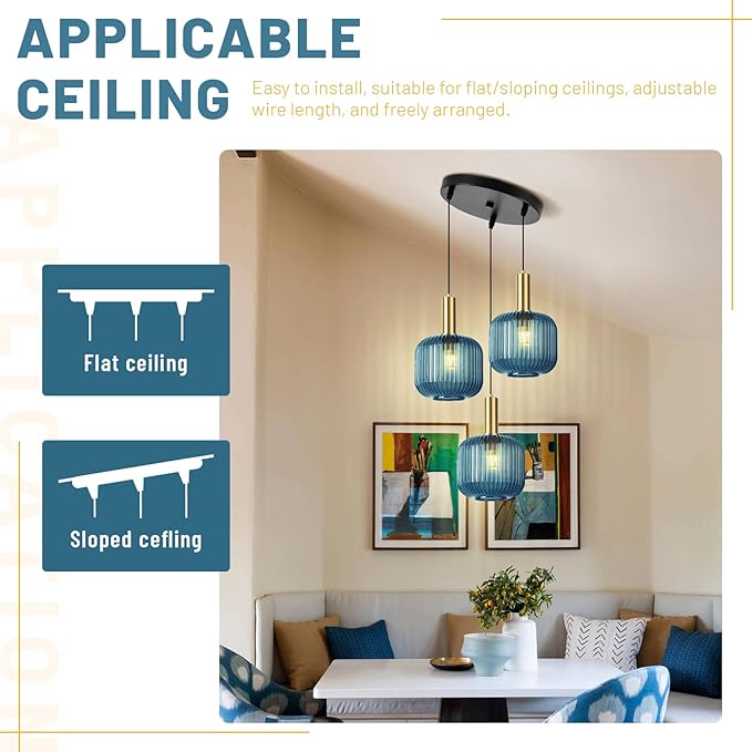 3-Light Modern Industrial Pendant Light Fixture, Adjustable Hanging Chandelier with Blue Striped Glass Shades for Kitchen Island, Dining Room, Bedroom, Black & Gold Metal Ceiling Light