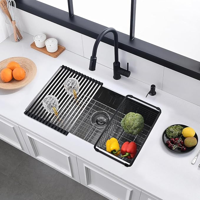 32 Undermount Black Kitchen Sink, Luckyhorse 32" x 17" x 9" 18 Gauge Gunmetal Black Stainless Steel Undermount Single Bowl Kitchen Sink LH024SQ
