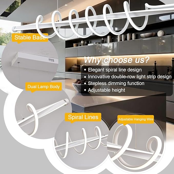 Kitchen Island Lighting, 3-Color LED Dining Room Light Fixture, 43.3" Adjustable Height Led Pendant Lighting for Kitchen Island, Black Chandeliers for Dining Room