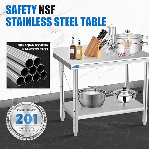 KUARBARR Stainless Steel Table for Prep & Work with Backsplash 24 x 30 Inches NSF Metal Commercial Kitchen Adjustable Under Shelf Worktable for Restaurant Home Outdoor