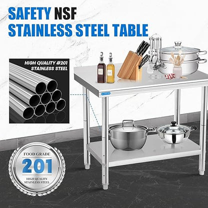 KUARBARR Stainless Steel Table for Prep & Work with Backsplash 24 x 30 Inches NSF Metal Commercial Kitchen Adjustable Under Shelf Worktable for Restaurant Home Outdoor