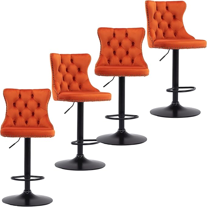 Rhomtree Velvet Swivel Bar Stools Upholstered Bar Stool with Button Tufted Back and Pull Ring Height Adjustable Barstools 25-33 Inch for Home Pub and Kitchen Island (Orange with Black Base, Set of 4)