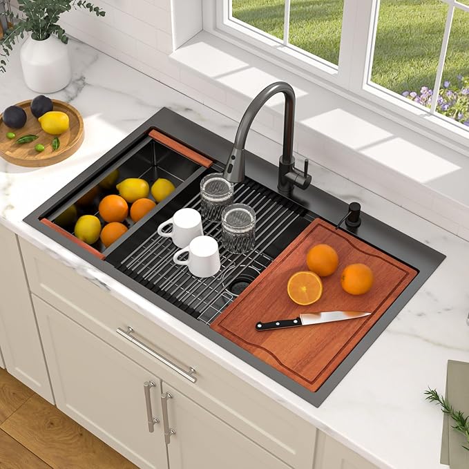 Dcolora 36 Inch Black Kitchen Sink,Drop In Kitchen Sink With Faucet Topmount Large Stainless Steel Workstation Single Bowl Nano Coating Surface Gunmetal Black, DC-SFDOE00006