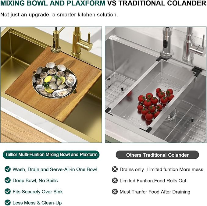 30 Gold Drop In Kitchen Sink - Workstation All-In One 16 Gauge Stainless Steel 30x22 Single Bowl Topmount Handmade Sinks for Kitchen with Mixing Board and Pasta Strainer #TLT-0070