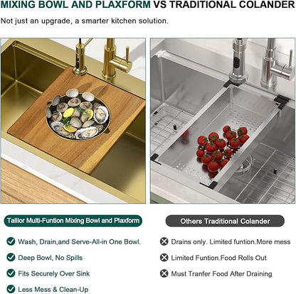 30 Gold Drop In Kitchen Sink - Workstation All-In One 16 Gauge Stainless Steel 30x22 Single Bowl Topmount Handmade Sinks for Kitchen with Mixing Board and Pasta Strainer #TLT-0070