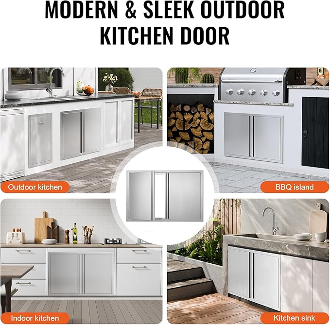 VEVOR BBQ Access Door, 36W x 24H Inch Double Outdoor Stainless Steel Flush Mount Vertical Door with Recessed Handles for BBQ Island, Grilling Station