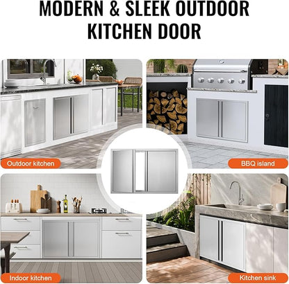 VEVOR BBQ Access Door, 36W x 24H Inch Double Outdoor Stainless Steel Flush Mount Vertical Door with Recessed Handles for BBQ Island, Grilling Station