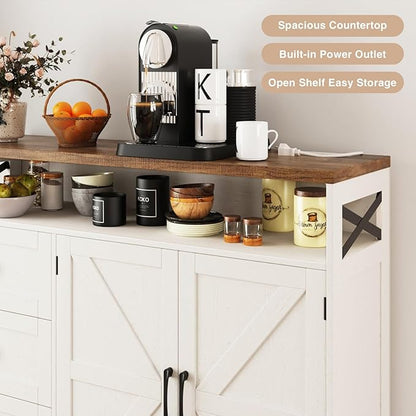 Befrases Farmhouse Buffet Cabinet with Drawers & Open Shelf, Sideboard with Storage, Kitchen Pantry Cabinet Hutch, Coffee Bar Station for Kitchen, Livingroom, 47" L White