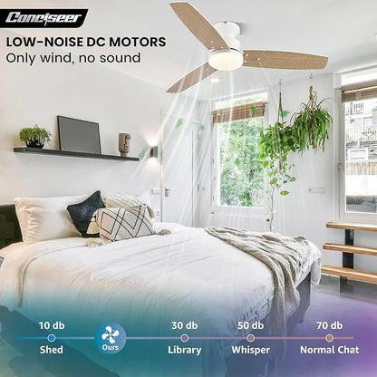 Modern Ceiling Fans with Lights, 42 Inch Ceiling Fan with Light and Remote, Bedroom Living Room Office Outdoor, Flush Mount,18W 3CCT 3 Blades 6 Speed Reversible Quiet DC Motor, White/Wood Grain