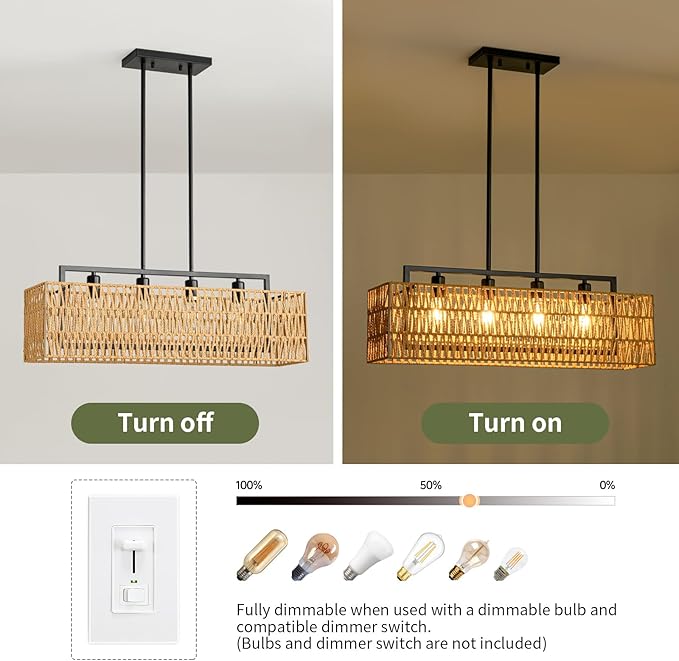 4-Light Rattan Chandeliers for Dining Room, Boho Chandelier 32 Inch Rattan Light Fixture Farmhouse Linear Lighting Wicker Rectangular Chandelier for Kitchen Island Bar