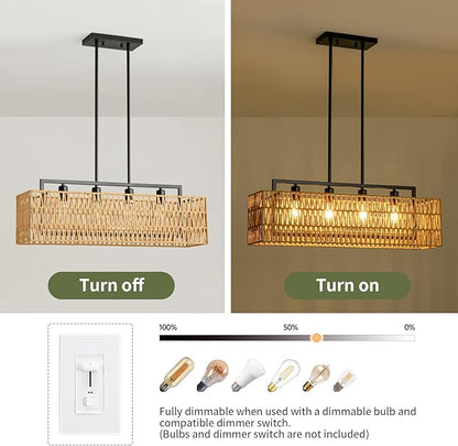 4-Light Rattan Chandeliers for Dining Room, Boho Chandelier 32 Inch Rattan Light Fixture Farmhouse Linear Lighting Wicker Rectangular Chandelier for Kitchen Island Bar
