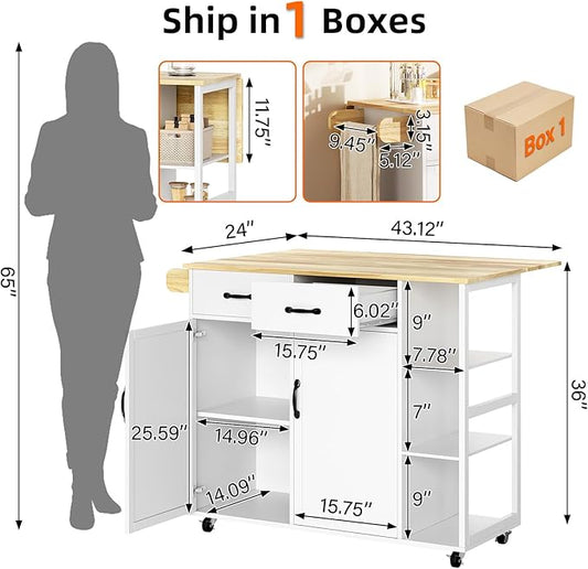 IDEALHOUSE Rolling Kitchen Island Cart with Drop Leaf, Kitchen Storage Cabinet On Wheels with 2 Drawers, 3 Open Spice Racks and Towel Rack,White