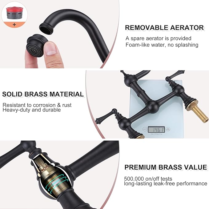 WOWOW Bridge Faucet for Kitchen Sink 2 or 3 Holes, Solid Brass Bridge Kitchen Faucet Oil Rubbed Bronze, 8 Inch Centerset Victorian Farmhouse Kitchen Sink Faucet