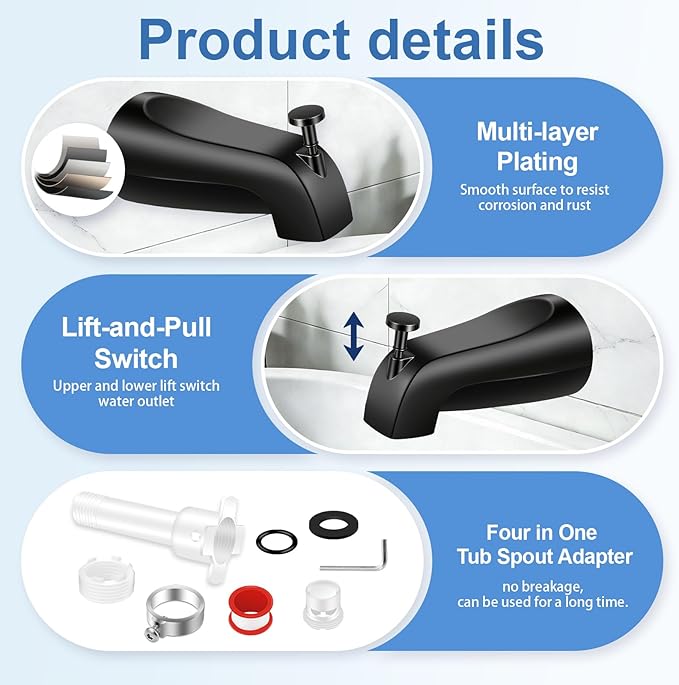 Universal Tub Spout with Diverter, Fits 1/2" Slip on Copper Pipe and 1/2" IPS & 3/4" IPS Threaded, Bathroom Tub Faucet Replacement, Bathtub Spout with Adapter and Hex Wrench (Matte Black)