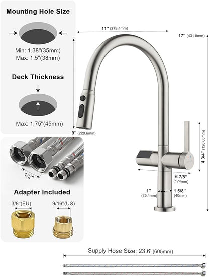 Lefton Touchless Pull-Out Kitchen Faucet, Hands Free Motion Sensor Activated, Battery-Free Temperature Display, KF2206 (Contemporary, Brushed Nickel)