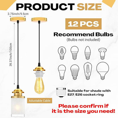 12 Pack Industrial Mini Pendant Light Kit Bulk, UL E26/E27 Lamp Socket 3.28 ft Adjustable Hanging Light Cord Kit Edison Vintage Retro Ceiling Lamp Fixture for Kitchen Bar Decor(Gold)