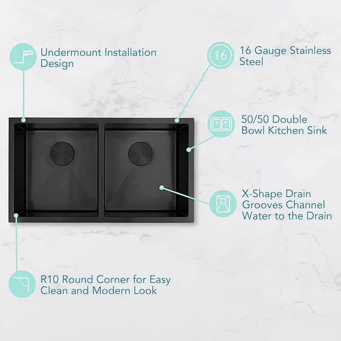 Double Bowl Black Kitchen Sink 31" X 18",50/50 Double Bowl Undermount Kitchen Sinks,16 Gauge Stainless Steel Undermount Black Sink