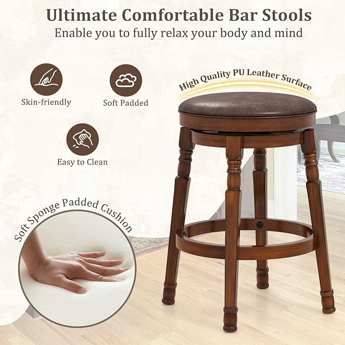 Giantex Swivel Bar Stools Set of 2, 24" Counter Height Bar Stools w/Faux Leather Padded Seat, Footrests, Solid Wooden Frame, Farmhouse Backless Barstools for Kitchen Island, Pub, Dining Room, Cafe