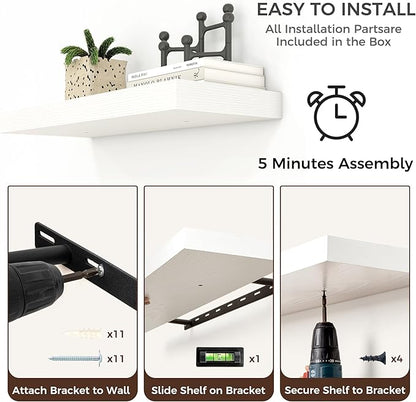 Venusmiles Floating Shelves for Wall, Engineered Wood Wall Shelves with Invisible Brackets for Living Room Bedroom Bathroom Office Kitchen Decor and Storage (White, 55" W x 9" D x 1.5" H) Set of 1