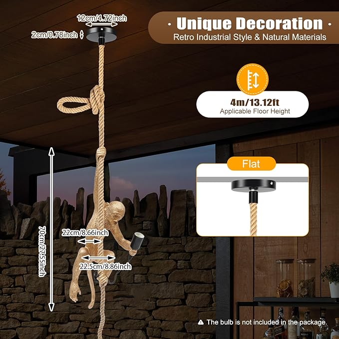 Creative Monkey Hanging Lamp, Monkey Shape Decoration Chandelier, Industrial Retro Edison Ceiling Pendant Light Fixture E26 for Dining Living Room Bedroom Bar Cafe-Gold