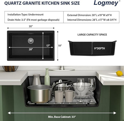 Logmey 30 Inch Granite Composite Kitchen Sink Black Undermount Sink Ledge Single Bowl Under Counter Deep Quartz Workstation Kitchen Sinks, 30x19x9