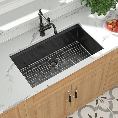 Mocoloo 32 Inch Undermount Kitchen Sink, 32x19 Gunmetal Black Stainless Steel Workstation Sink, 16 Gauge Modern Single Bowl 10'' Deep Kitchen Basin