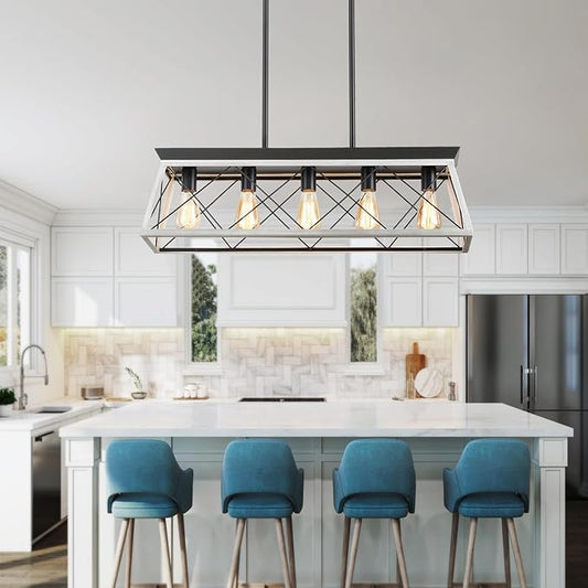 HuixuTe 5-Light Farmhouse Chandeliers for Dining Room, Rustic Kitchen Island Lighting, Adjustable Height Pendant Light for Kitchen, Dining Room Table White