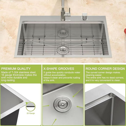 33 Drop In Kitchen Sink - Meryiao 33x22 Inch Stainless Steel Workstation Sink, 16Gauge Topmount Single Bowl Sinks, Above Counter 9'' Deep Handmade Kitchen Sink with Accessories, 33''x22''x9''