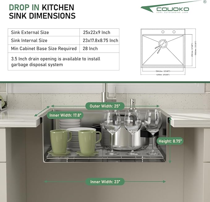 Drop In Kitchen Sink with Faucet Combo 25x22 Drop In 16 Gauge Stainlee Steel Single Bowl Workstation Kitchen Sinks Large Deep Round Corner Handmade Overmount Topmount Sink Basin
