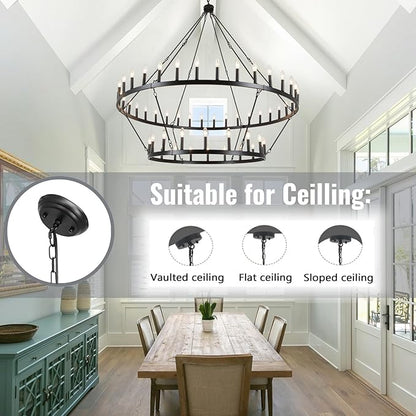 ANKYLHUA 60 Inch Black Extra Large Wagon Wheel Chandelier, 2 Tier 54-Lights Farmhouse Chandeliers Industrial Round High Ceiling Pendant Light for Dining Room, Living Room, Entryway