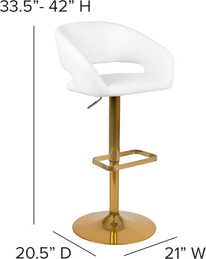 Flash Furniture Erik Comfortable & Stylish Contemporary Barstool with Rounded Mid-Back and Foot Rest, Adjustable Height - White Vinyl with Gold Base, Set of 2