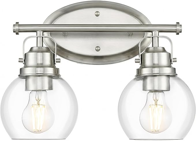 Bathroom Light Fixtures, 2-Light 14" Brushed Nickel Vanity Lights with Clear Globe Glass Shades, Farmhouse Vintage Vanity Lighting Fixtures Over Mirror, E26 Base, AD-2147-2W-SN
